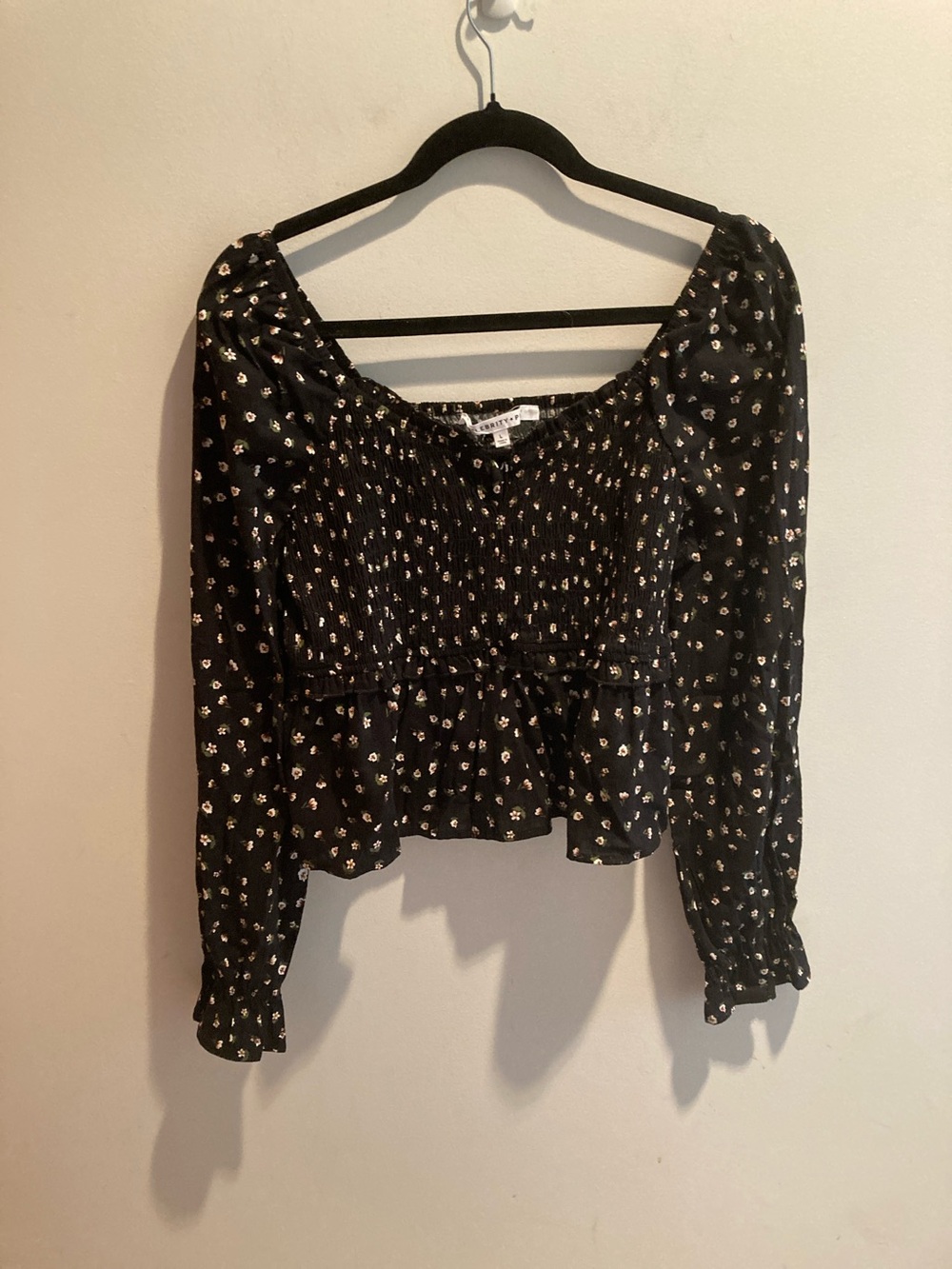 Celebrity Pink Black Floral Smocked Peplum Long-Sleeve Top